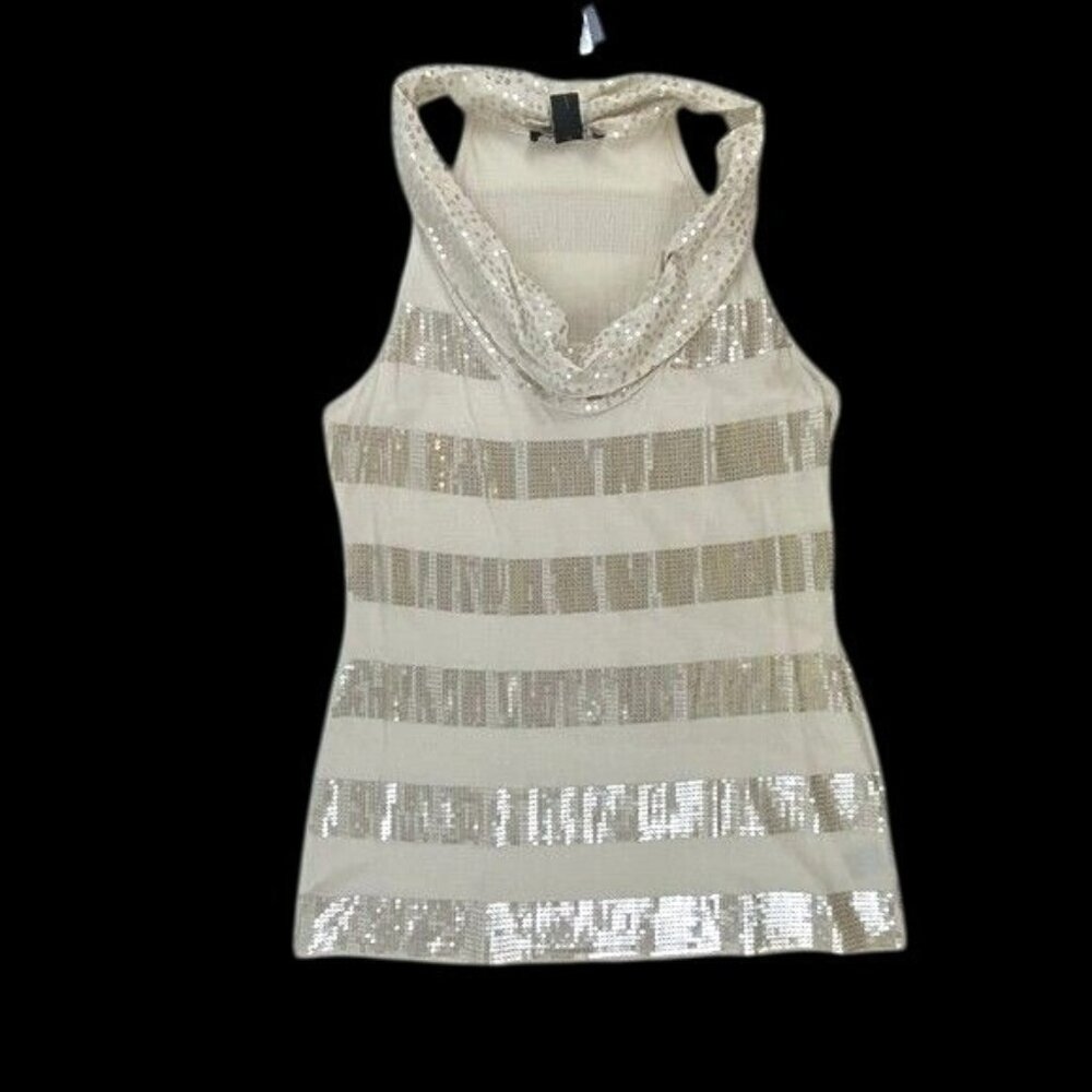 Womens Cream Gold Sequin Cowl Neck Sleeveless Top M by White House Black Market